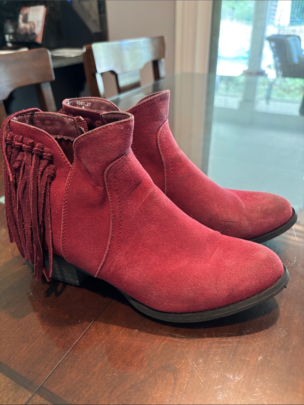 Women's Burgundy Faux Suede Fringe Ankle Boots